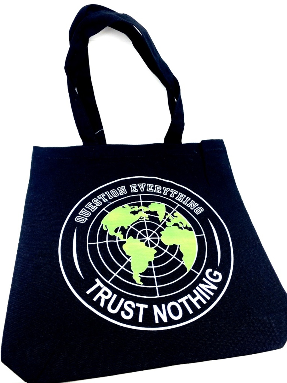 Flat Earth Tote Bag Black Graphic Cotton Canvas Carry Handle Question Everything